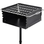 VEVOR Park Style Charcoal Grill 16x16x8 Inch with Grate, Single Post Carbon Steel Park Grill 50 Inch Height Pole, Heavy Duty Outdoor Park Grill for BBQ, Camping, Backyard